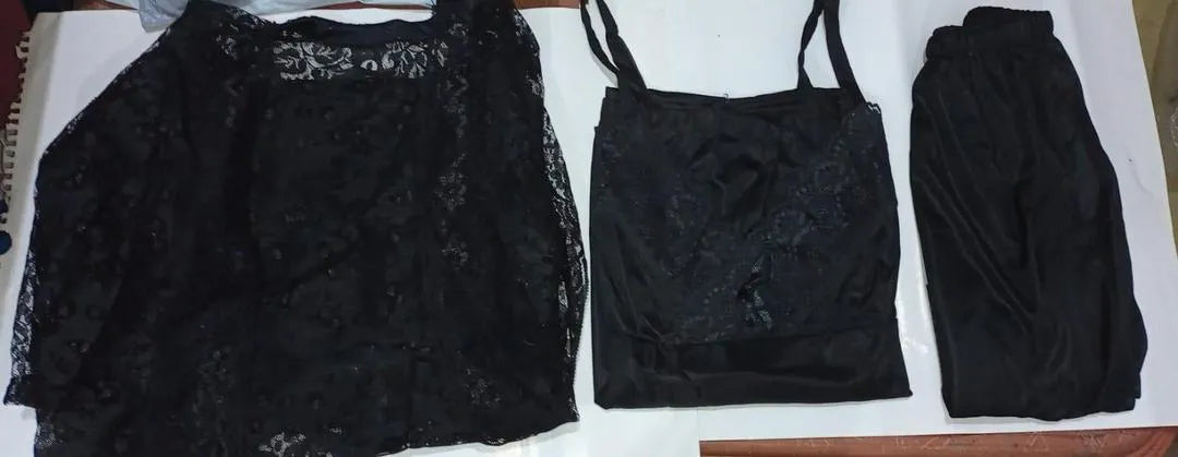 Premium Black Satin Lace 3-Piece Nightwear Set