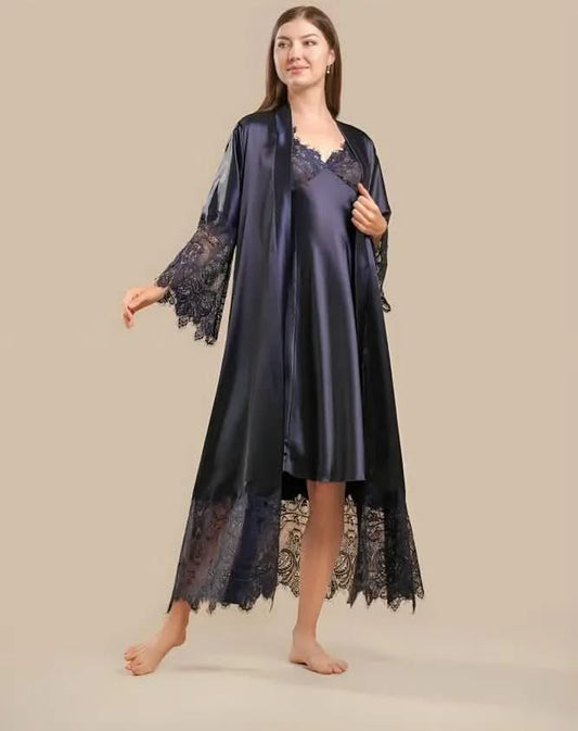 Premium 3-Piece Satin Nightwear Set with Heavy Lace