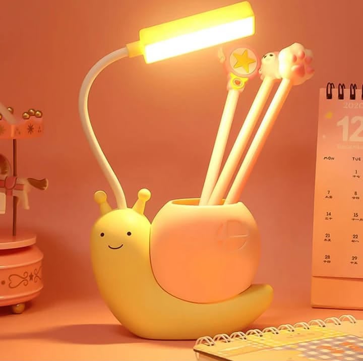 Cute Snail LED Desk Lamp with Pen Holder & 360° Flexible Gooseneck