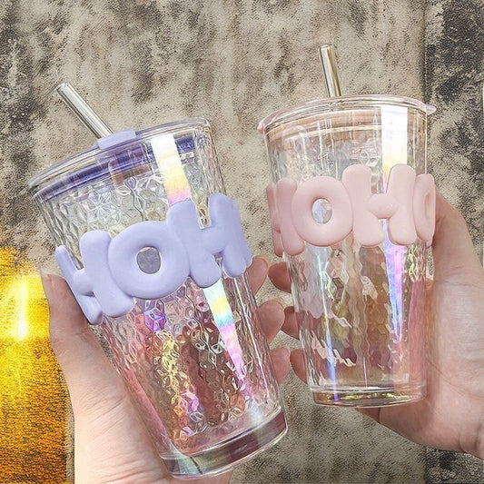 HOHO 450ml Glass Tumbler with Lid & Straw