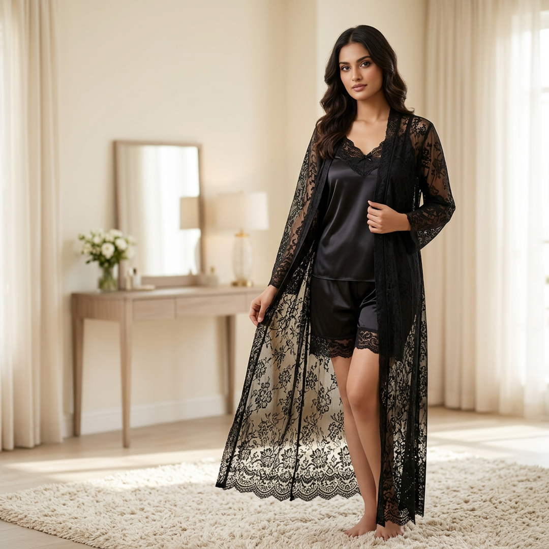 Black Silk Lace Night Suit 3 Pcs Women