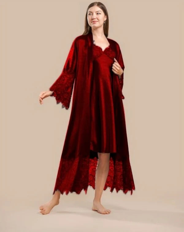 Premium 3-Piece Satin Nightwear Set with Heavy Lace