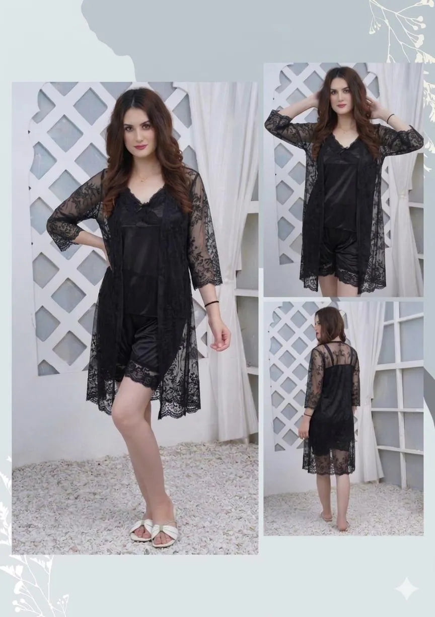 Black Silk Lace Night Suit 3 Pcs Women