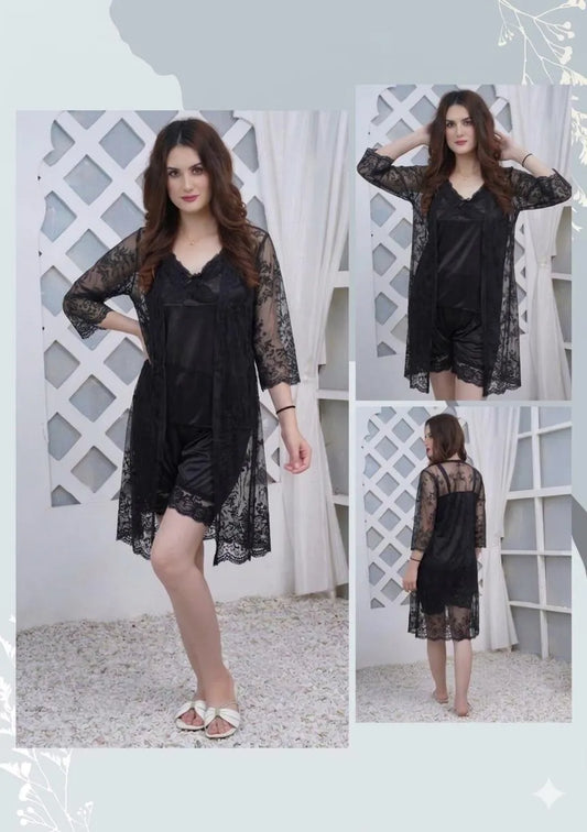 Black Silk Lace Night Suit 3 Pcs Women