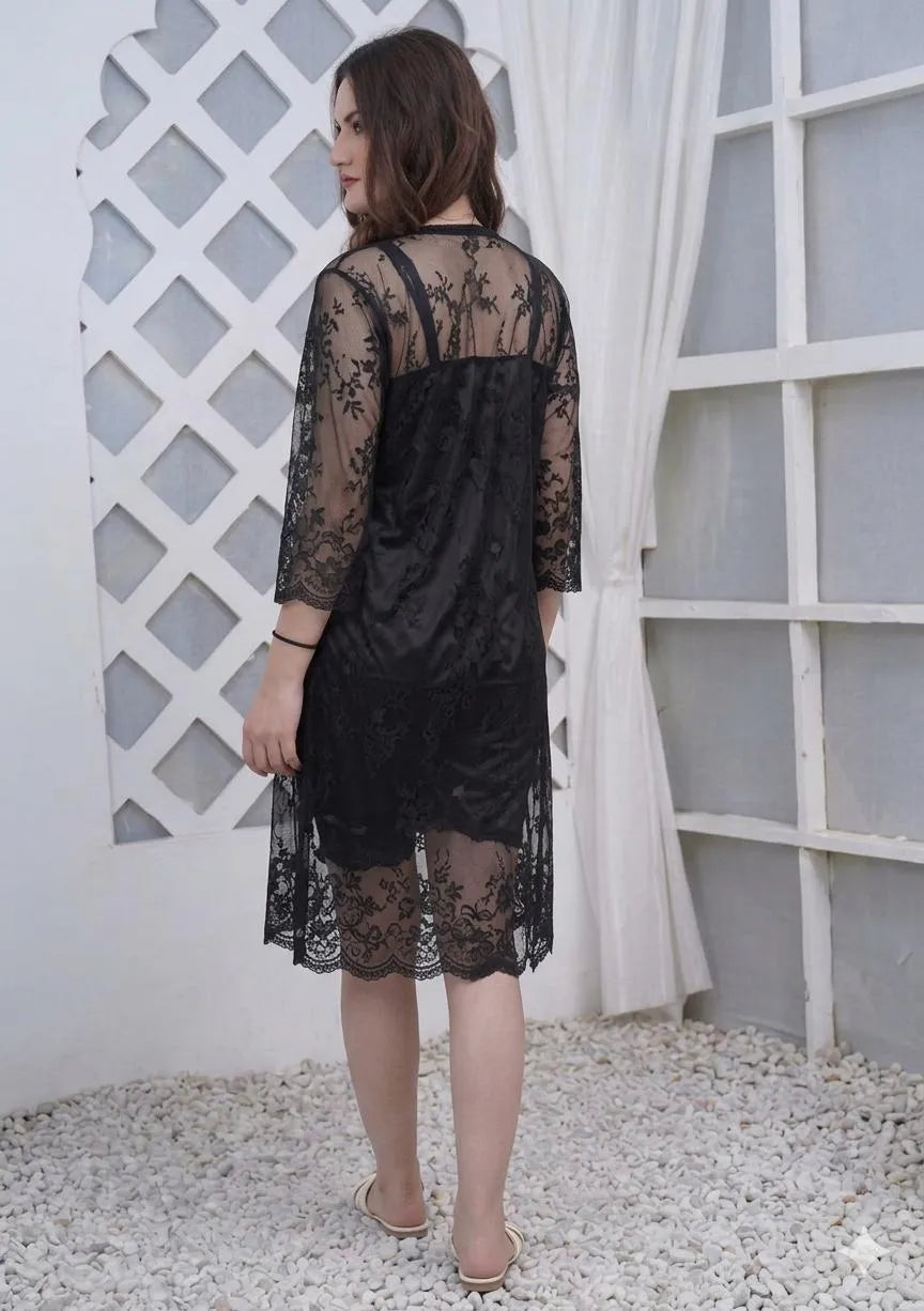 Black Silk Lace Night Suit 3 Pcs Women