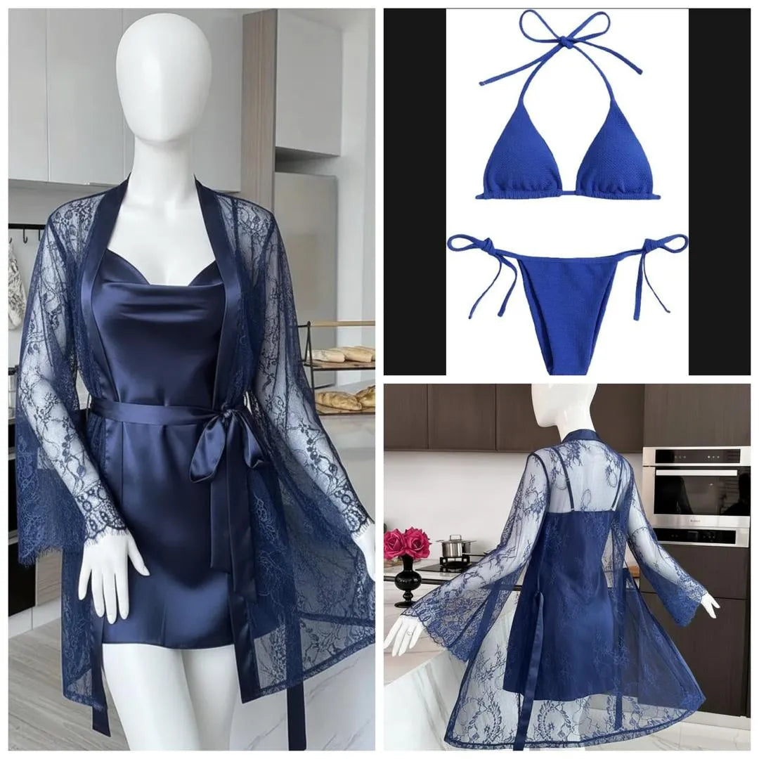 Premium 3-Piece Satin & Lace Nightwear Set