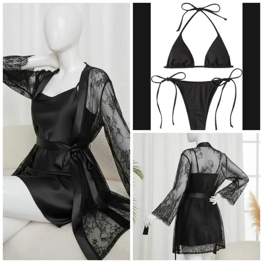 Premium 3-Piece Satin & Lace Nightwear Set