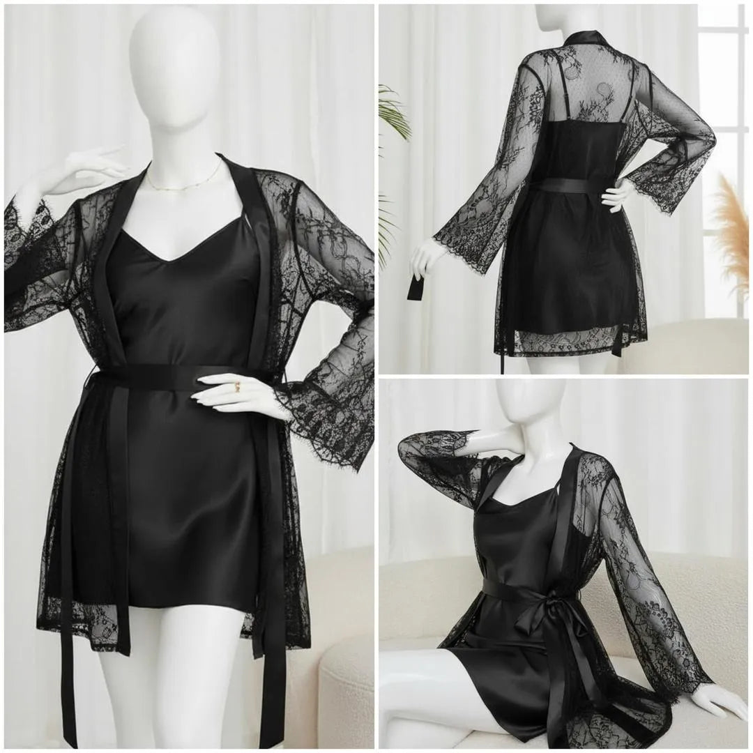 Silk Lace Nightgown Set with V-Neck 2 Pcs