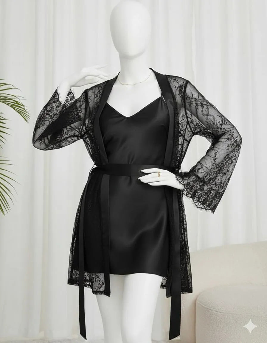Silk Lace Nightgown Set with V-Neck 2 Pcs