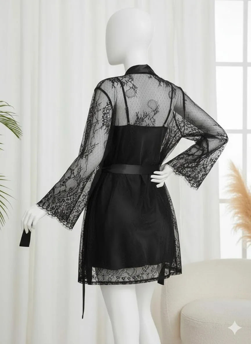 Silk Lace Nightgown Set with V-Neck 2 Pcs