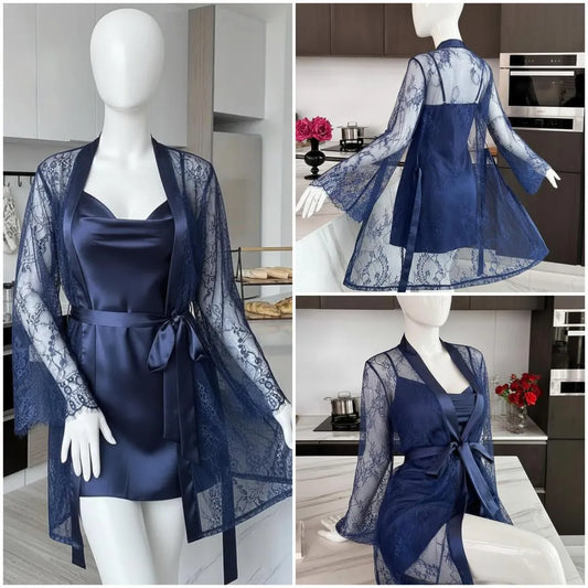 Silk Lace Nightgown Set with V-Neck 2 Pcs
