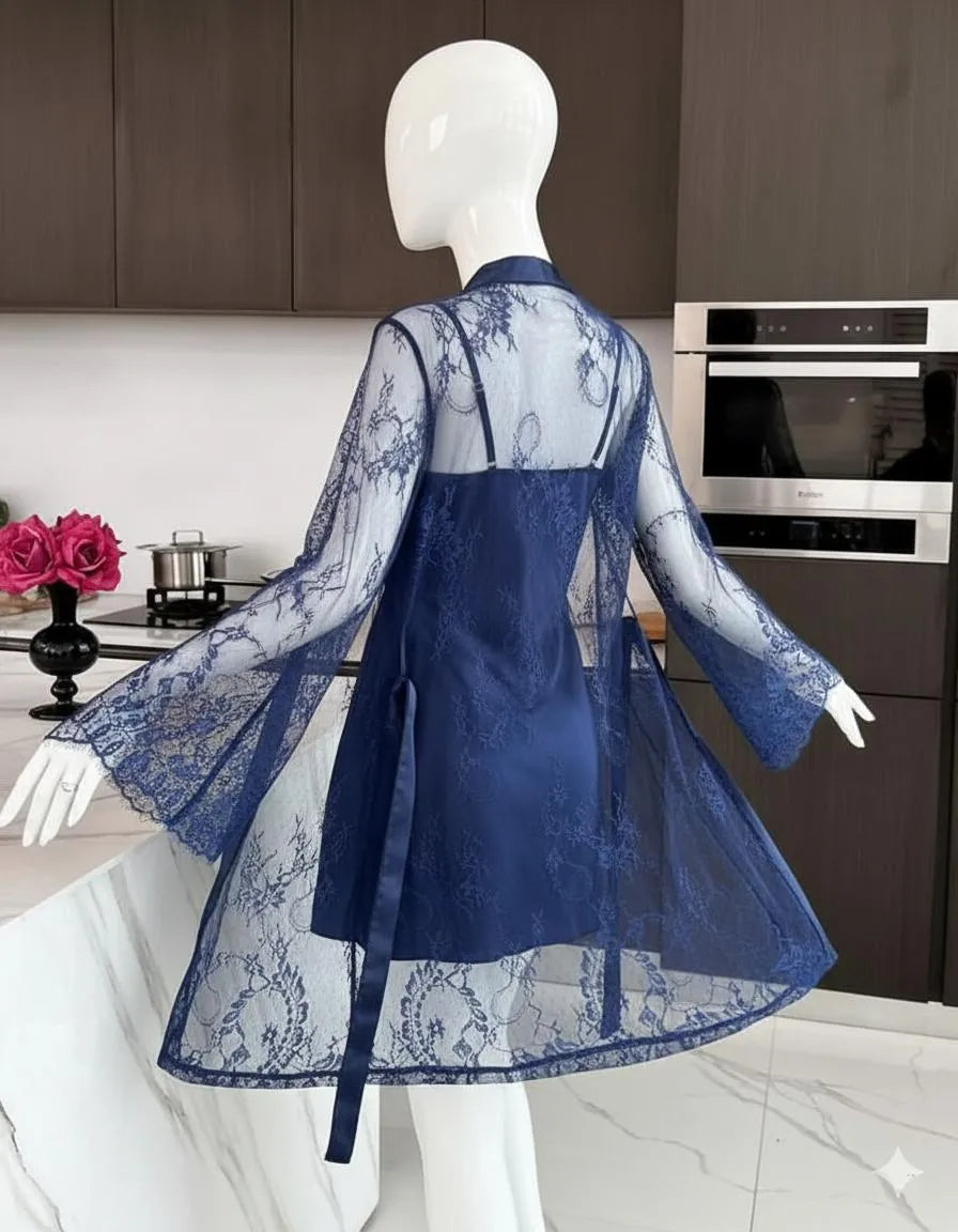 Silk Lace Nightgown Set with V-Neck 2 Pcs