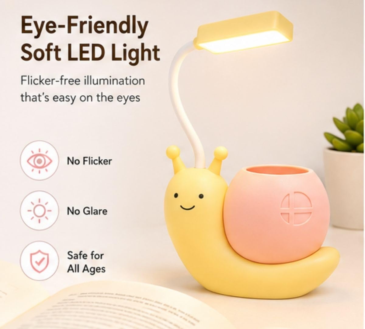 Cute Snail LED Desk Lamp with Pen Holder & 360° Flexible Gooseneck