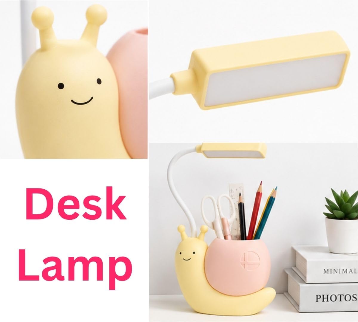 Cute Snail LED Desk Lamp with Pen Holder & 360° Flexible Gooseneck