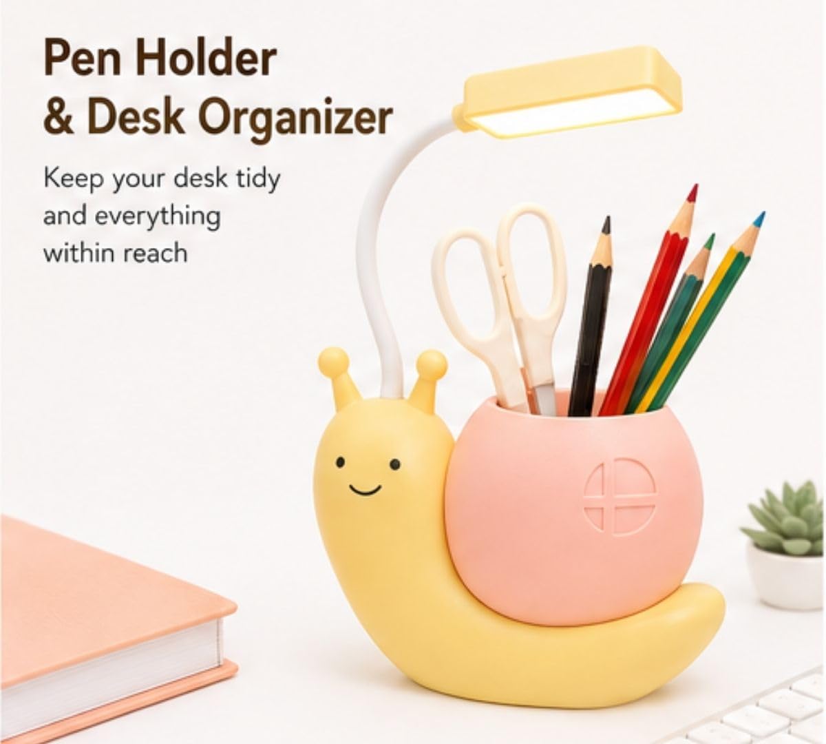 Cute Snail LED Desk Lamp with Pen Holder & 360° Flexible Gooseneck