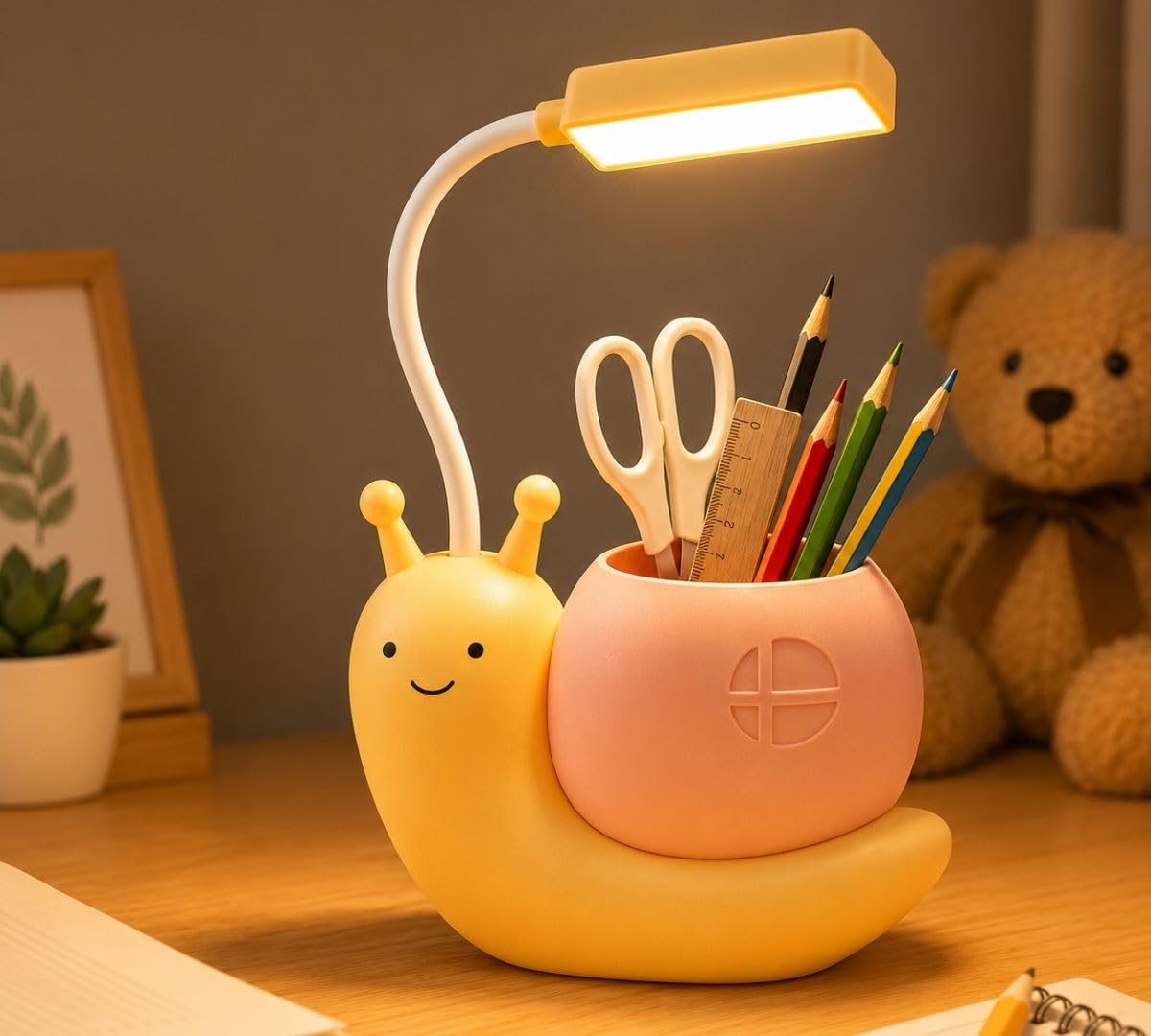 Cute Snail LED Desk Lamp with Pen Holder & 360° Flexible Gooseneck