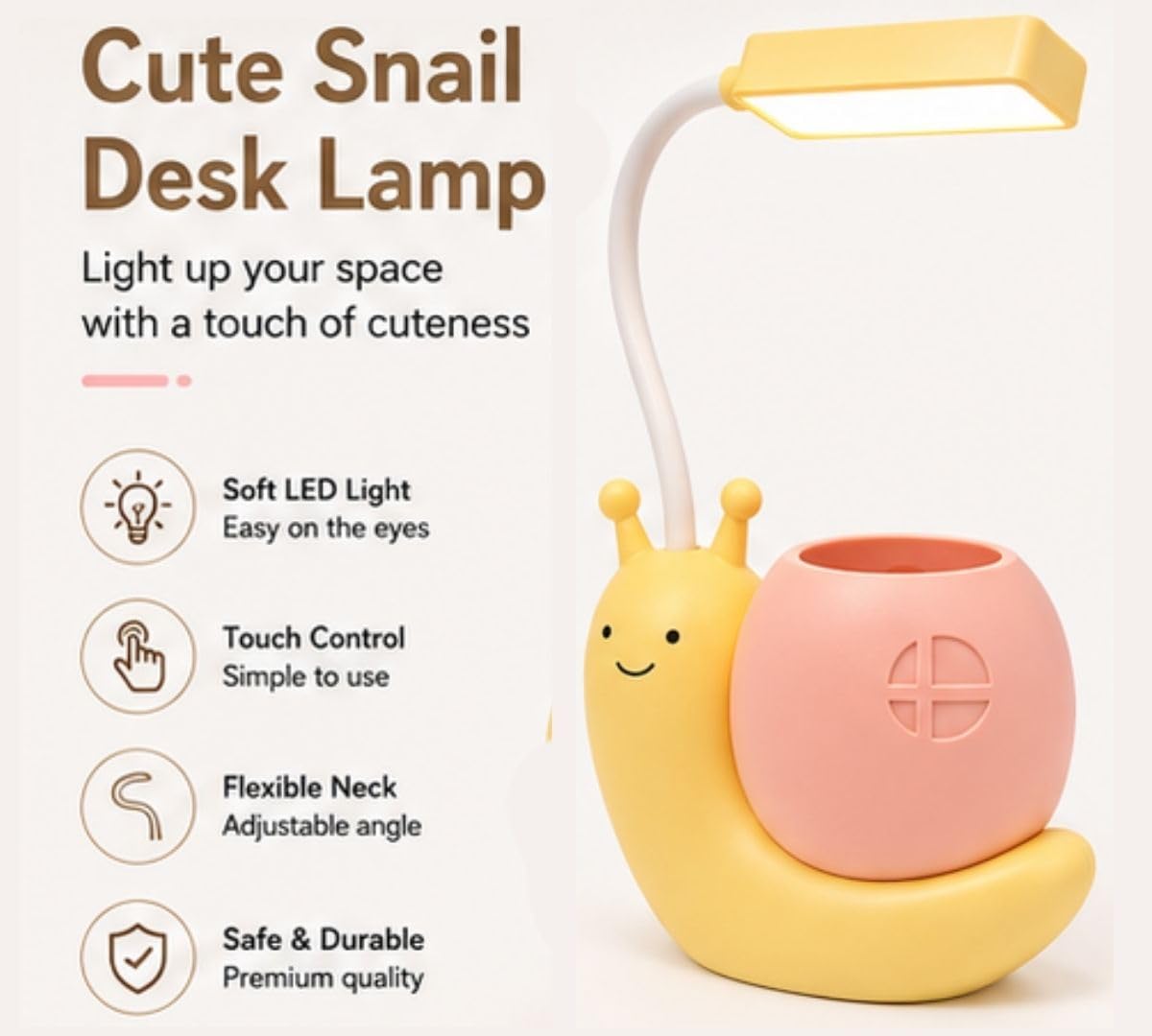 Cute Snail LED Desk Lamp with Pen Holder & 360° Flexible Gooseneck