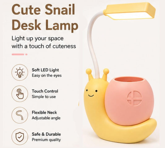 Cute Snail LED Desk Lamp with Pen Holder & 360° Flexible Gooseneck