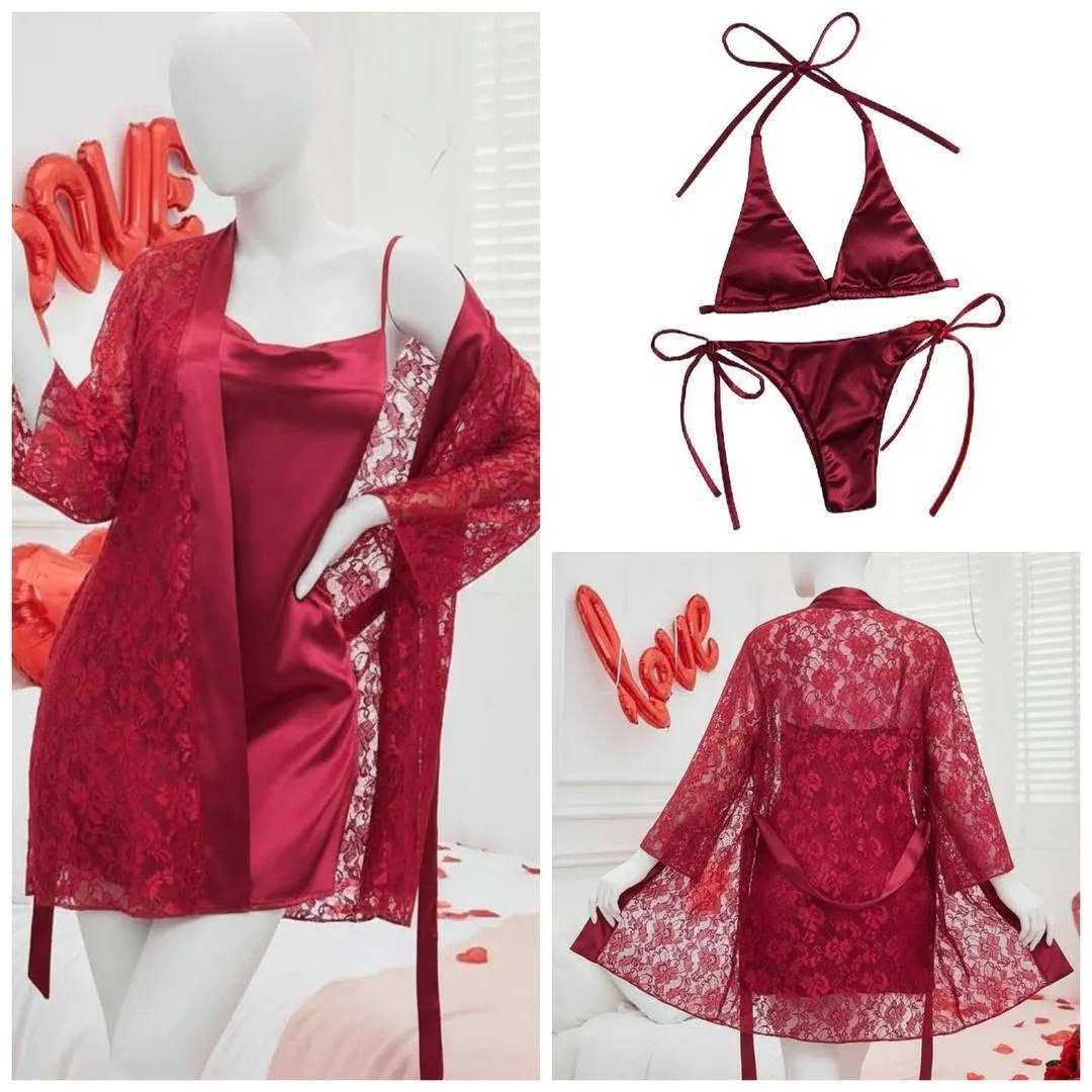 Premium 3-Piece Satin & Lace Nightwear Set