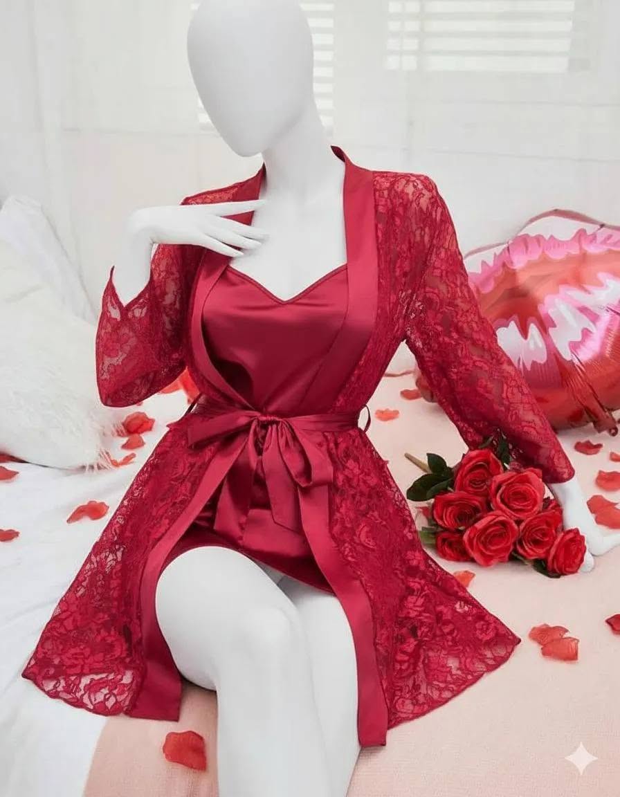 Premium 3-Piece Satin & Lace Nightwear Set