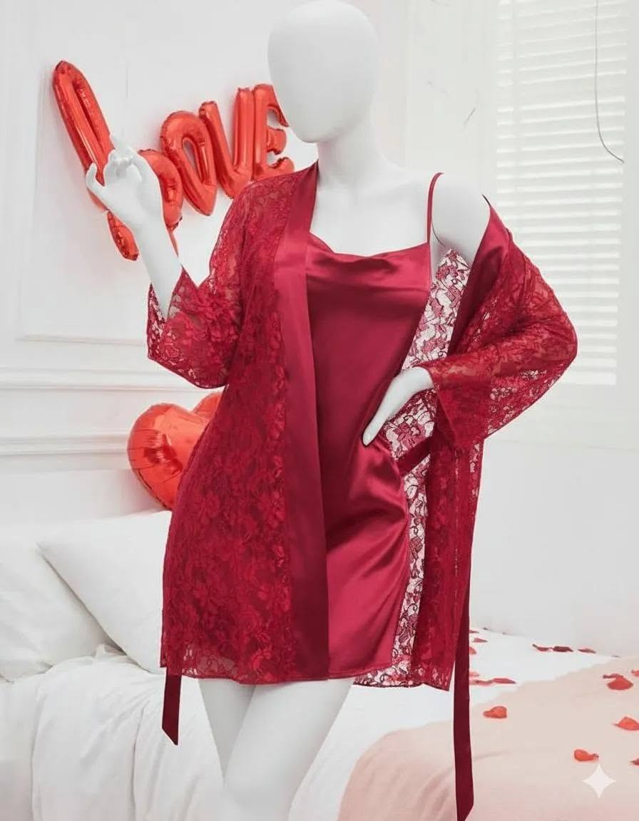 Premium 3-Piece Satin & Lace Nightwear Set