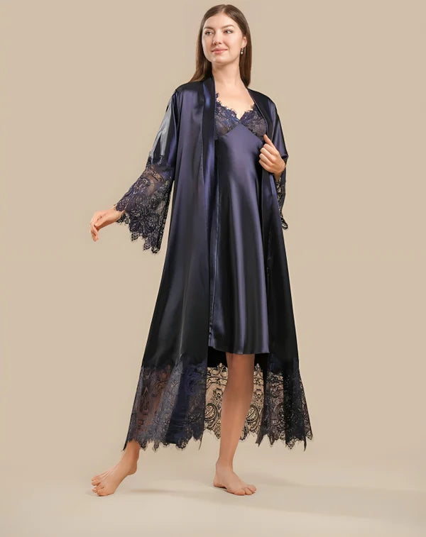 Premium 3-Piece Satin Nightwear Set with Heavy Lace