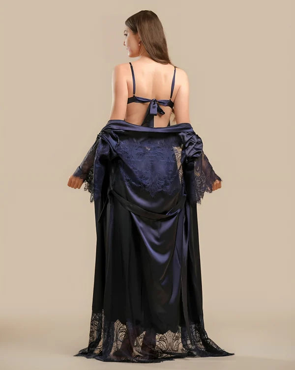 Premium 3-Piece Satin Nightwear Set with Heavy Lace
