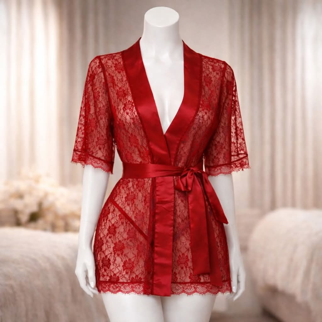 3 piece Luxury Sheer Lace Short Kimono Robe