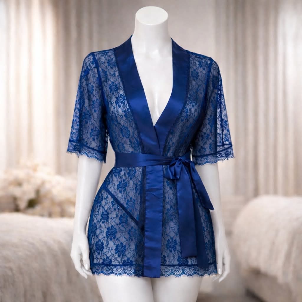3 piece Luxury Sheer Lace Short Kimono Robe