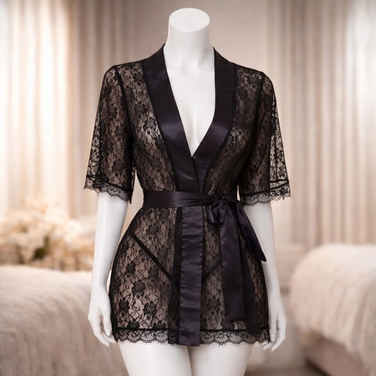 3 piece Luxury Sheer Lace Short Kimono Robe