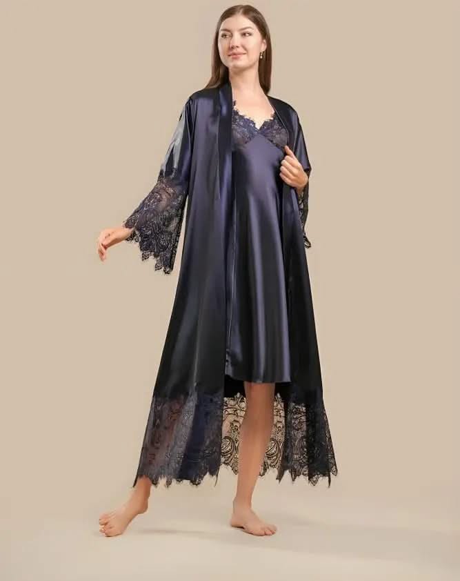 Premium 3-Piece Satin Nightwear Set with Heavy Lace
