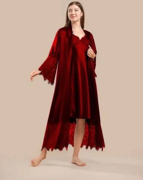 Premium 3-Piece Satin Nightwear Set with Heavy Lace