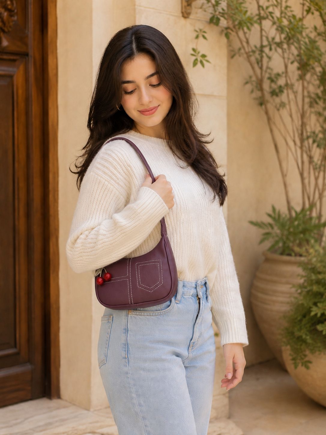 Women's Trendy Shoulder Bag with Cherry Charm