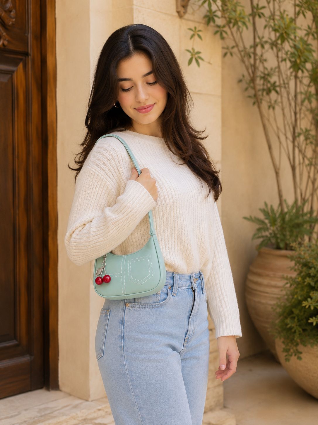 Women's Trendy Shoulder Bag with Cherry Charm
