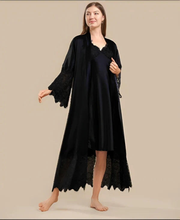 Premium 3-Piece Satin Nightwear Set with Heavy Lace