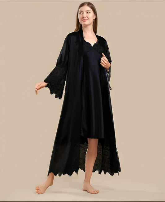 Premium 3-Piece Satin Nightwear Set with Heavy Lace